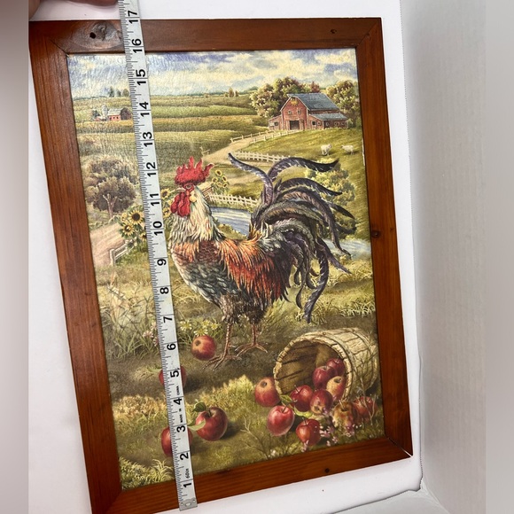 Country ROOSTER Print/Picture in Wooden Frame 12”X 17” Apples, Sunflowers, Barn - Picture 4 of 10